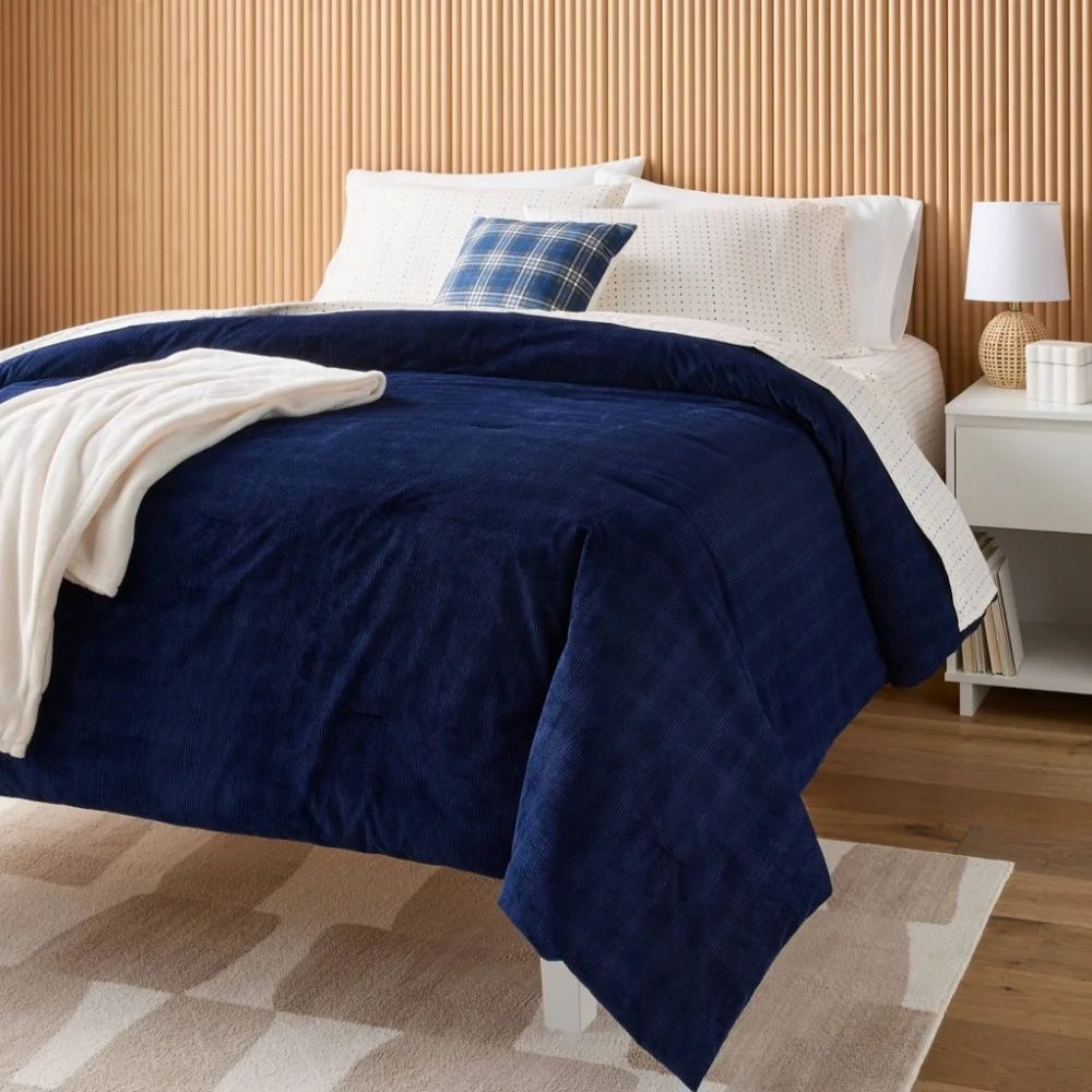 Twin/Twin Extra Long Corduroy Plaid Comforter Navy Blue - Room Essentials NEW